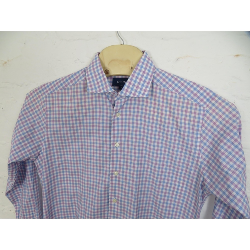 Eton Shirt Mens 17.5 44 Blue Purple Slim Fit Gingham Check Long Sleeve Button Up